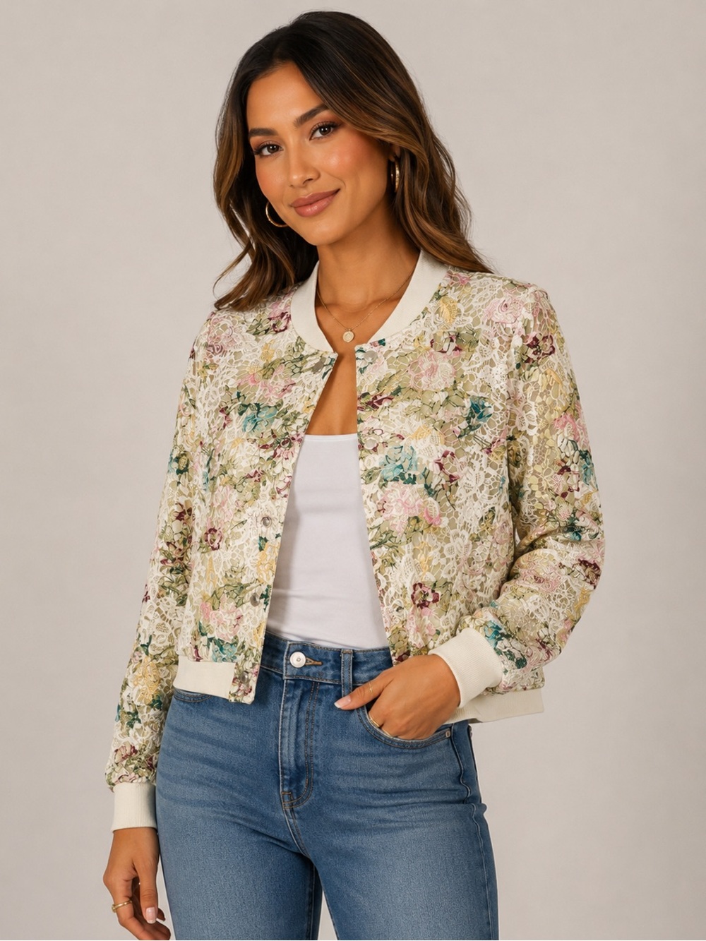 Nanette Lepore Floral Lace Bomber Jacket Ivory Embroidered Cropped Snap Front L